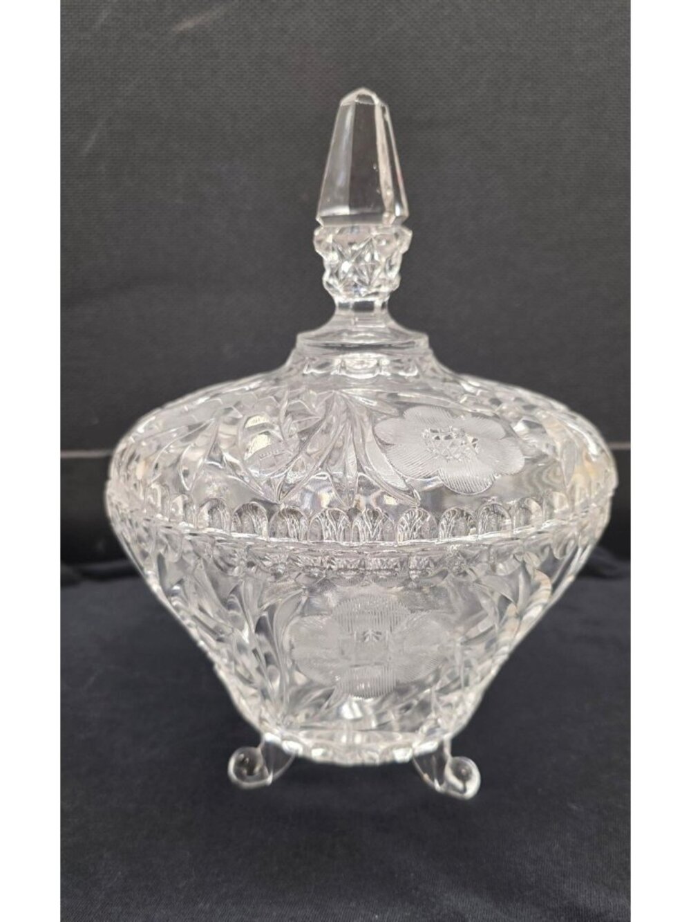 Vintage West German 3-Footed Lead Crystal Covered Candy Dish Etched Floral Motif